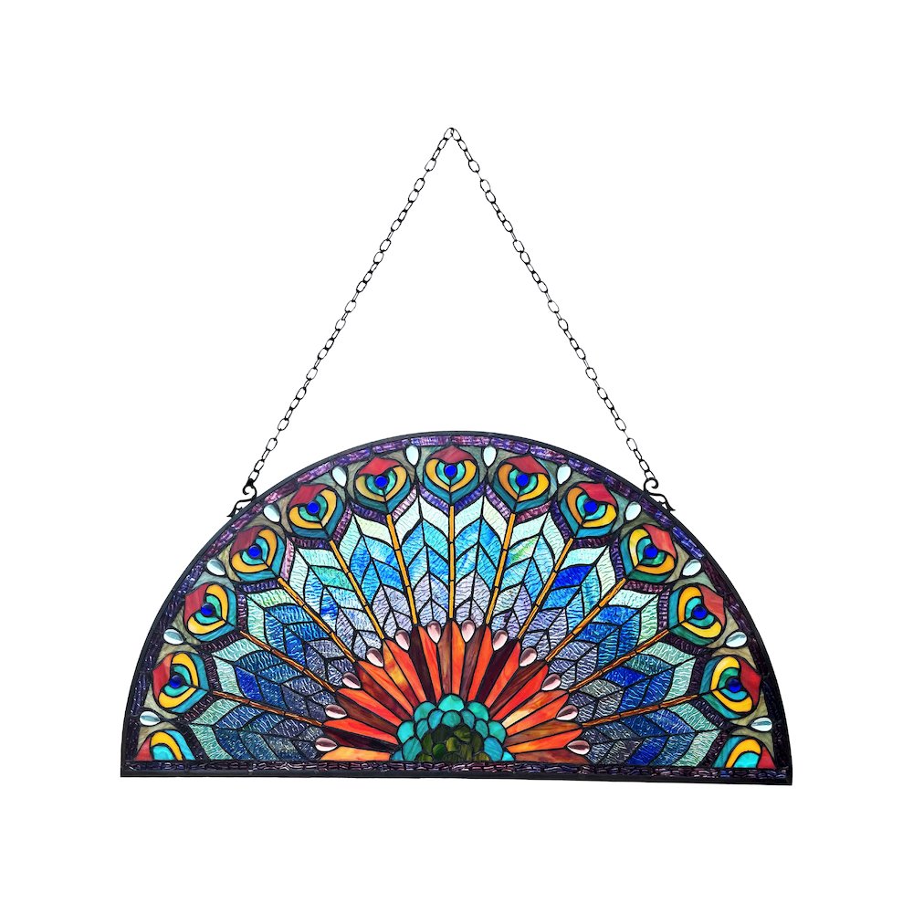 Regal Eudora Tiffany-Style Peacock Feather Glass Window Panel 35"X18". Picture 3