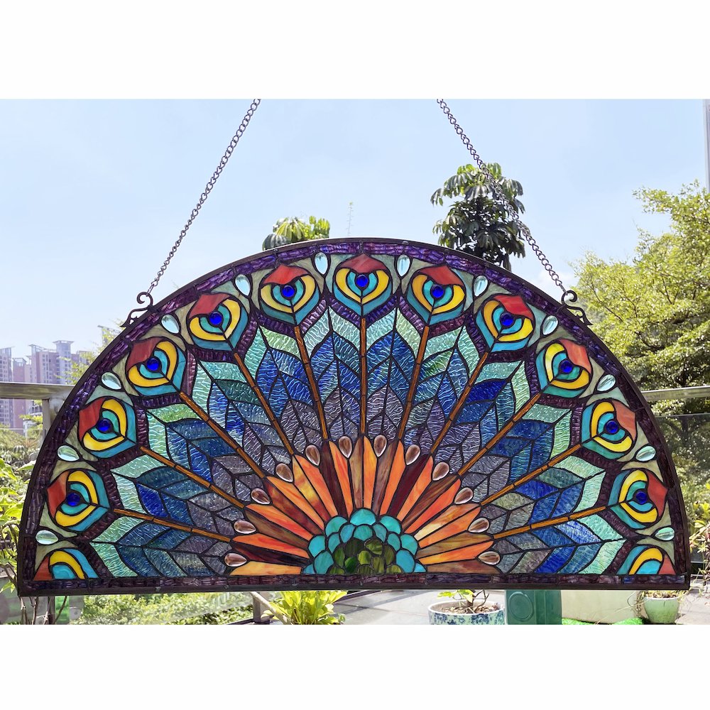 Regal Eudora Tiffany-Style Peacock Feather Glass Window Panel 35"X18". Picture 5