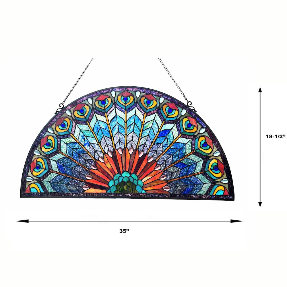 Regal Eudora Tiffany-Style Peacock Feather Glass Window Panel 35"X18". Picture 6