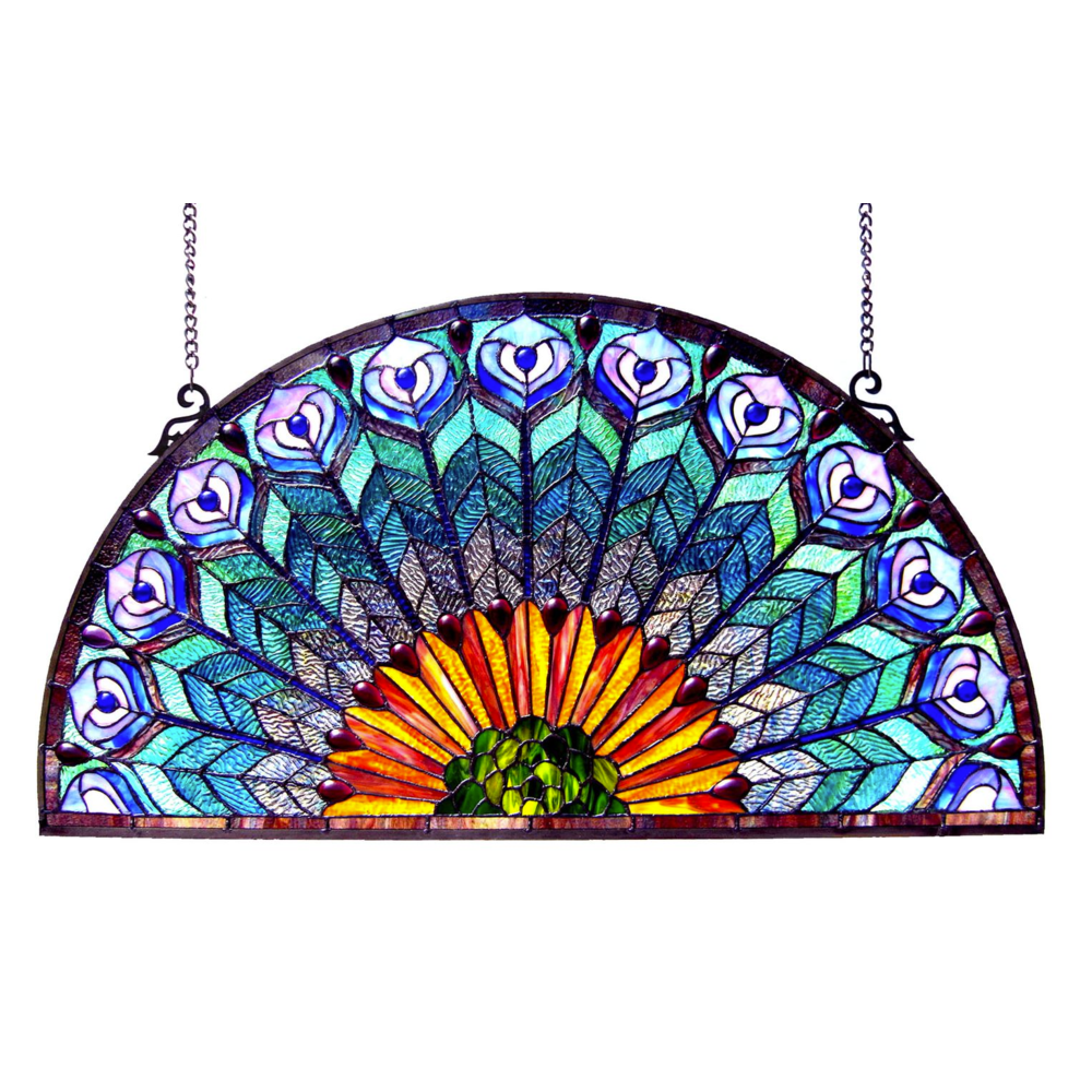 REGAL EUDORA Tiffany-style Peacock Feather Glass Window Panel 35x18. Picture 1