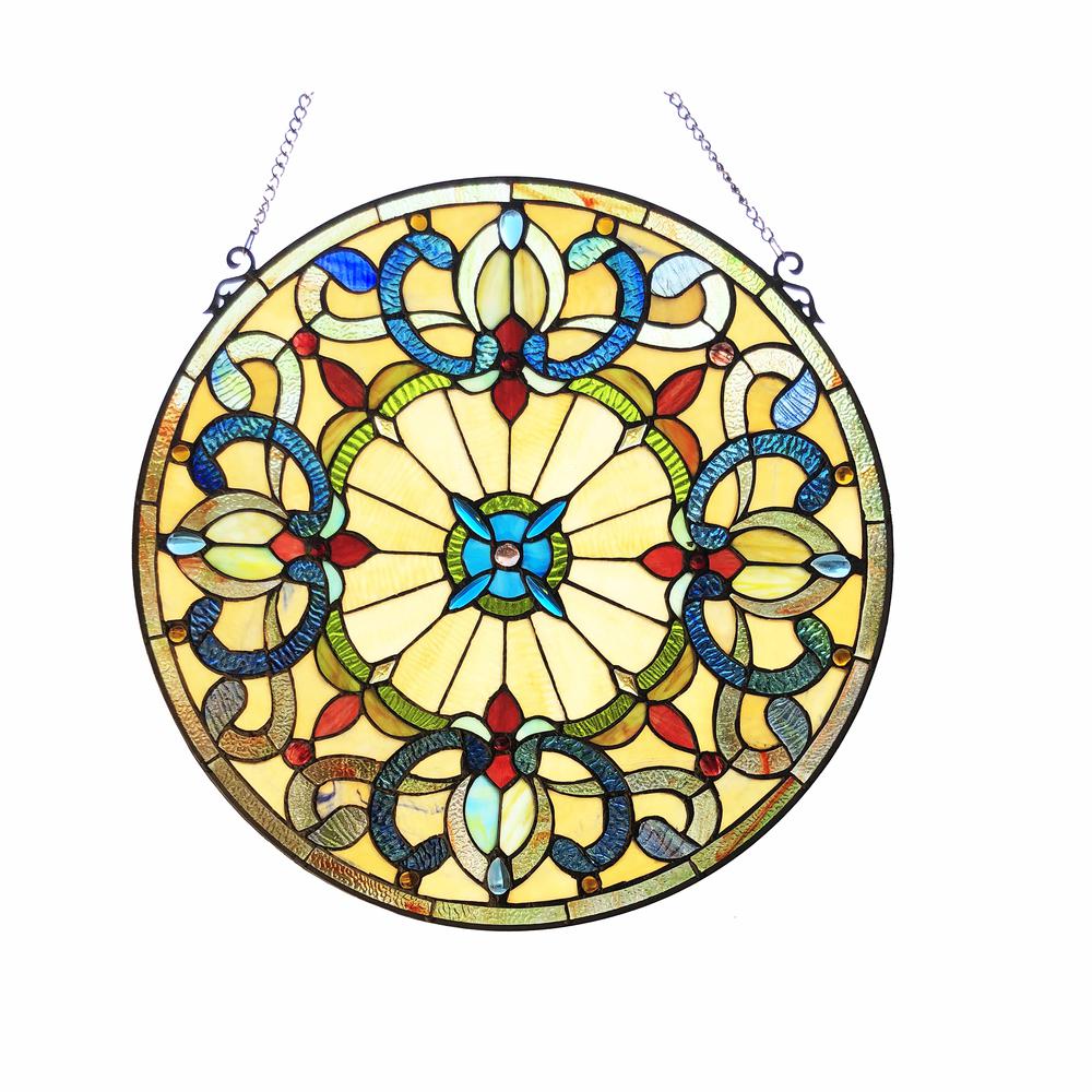 CHLOE Lighting FRANCES Tiffany-Style Victorian Stained-Glass Window Panel 22" Height. Picture 1