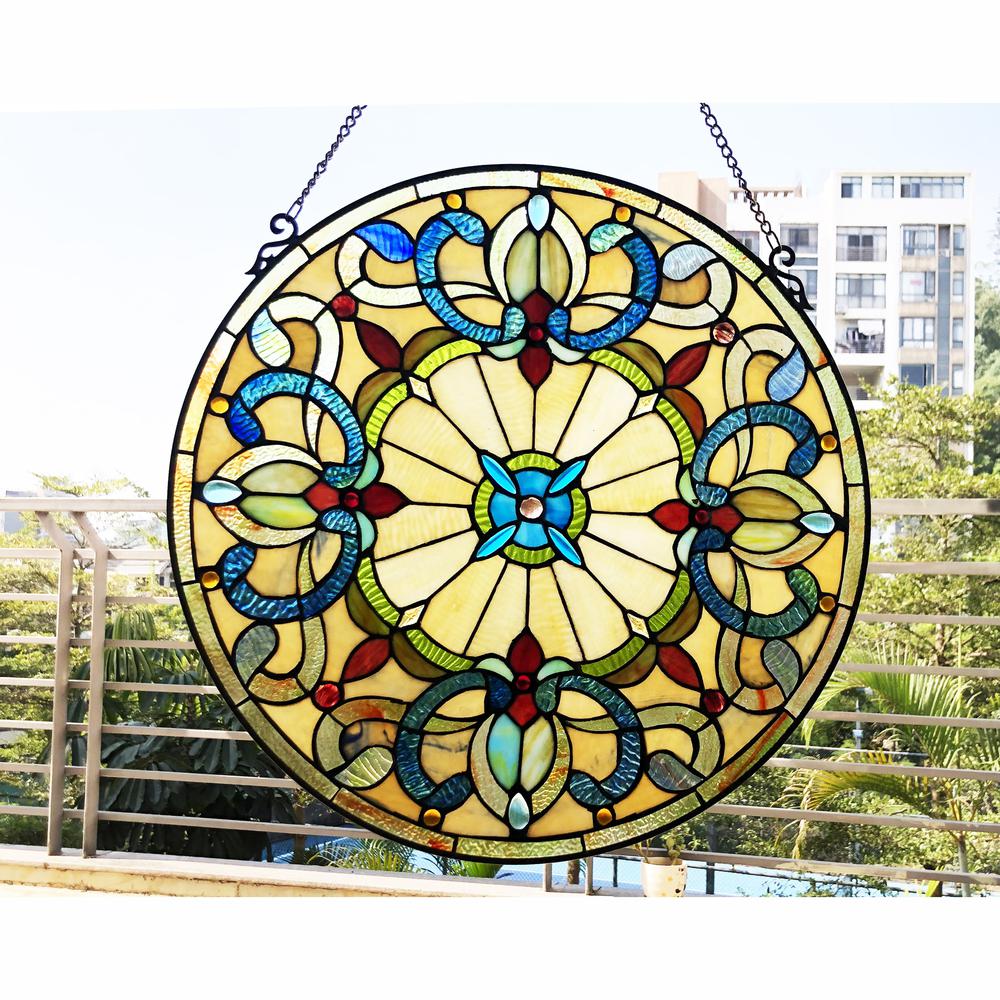 CHLOE Lighting FRANCES Tiffany-Style Victorian Stained-Glass Window Panel 22" Height. Picture 3