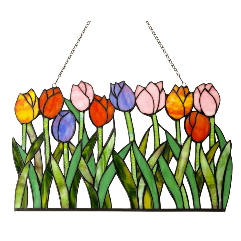 TULIPA Tiffany-glass Tulips Window Panel 18" Wide. Picture 1