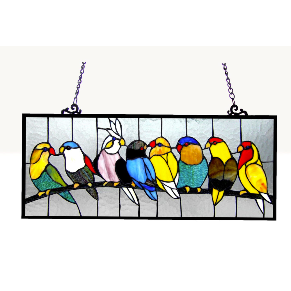 BIRDIES Tiffany-glass featuring Birds Window Panel 25.5x10.5. Picture 1