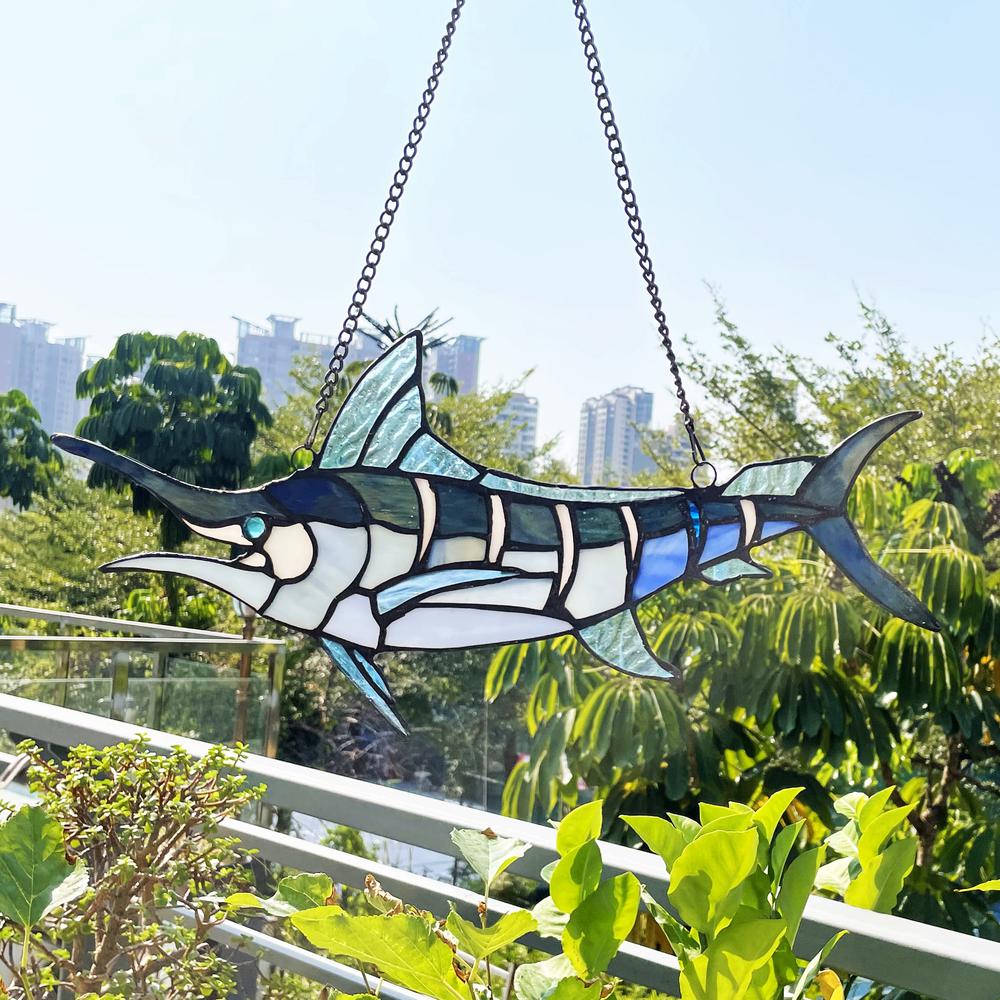 CHLOE Lighting SWORDFISH Animal-Style Stained Glass Window Panel 16" Wide. Picture 5