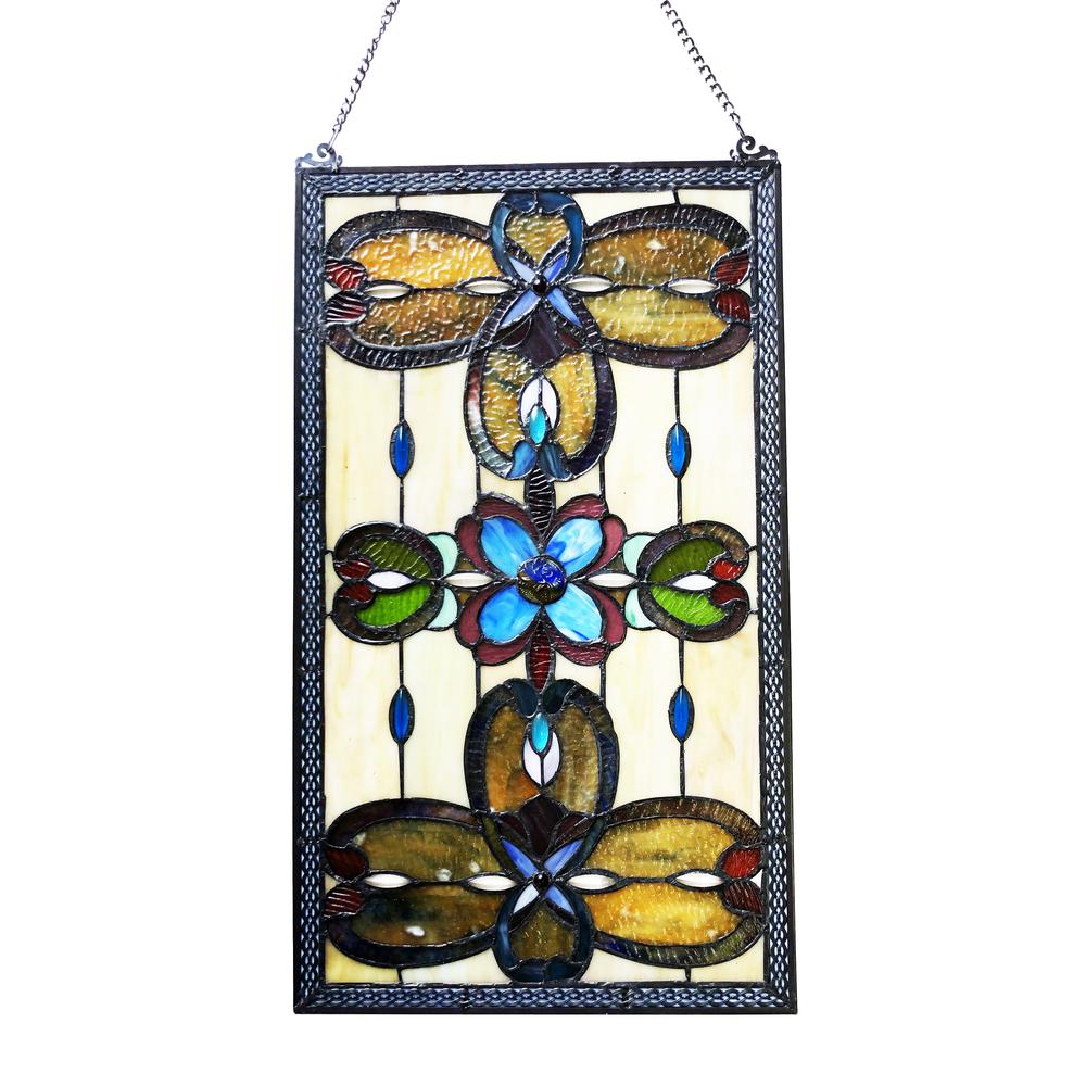 CHLOE Lighting JENICE Tiffany-Style Victorian Stained-Glass Window Panel 26" Height. Picture 2