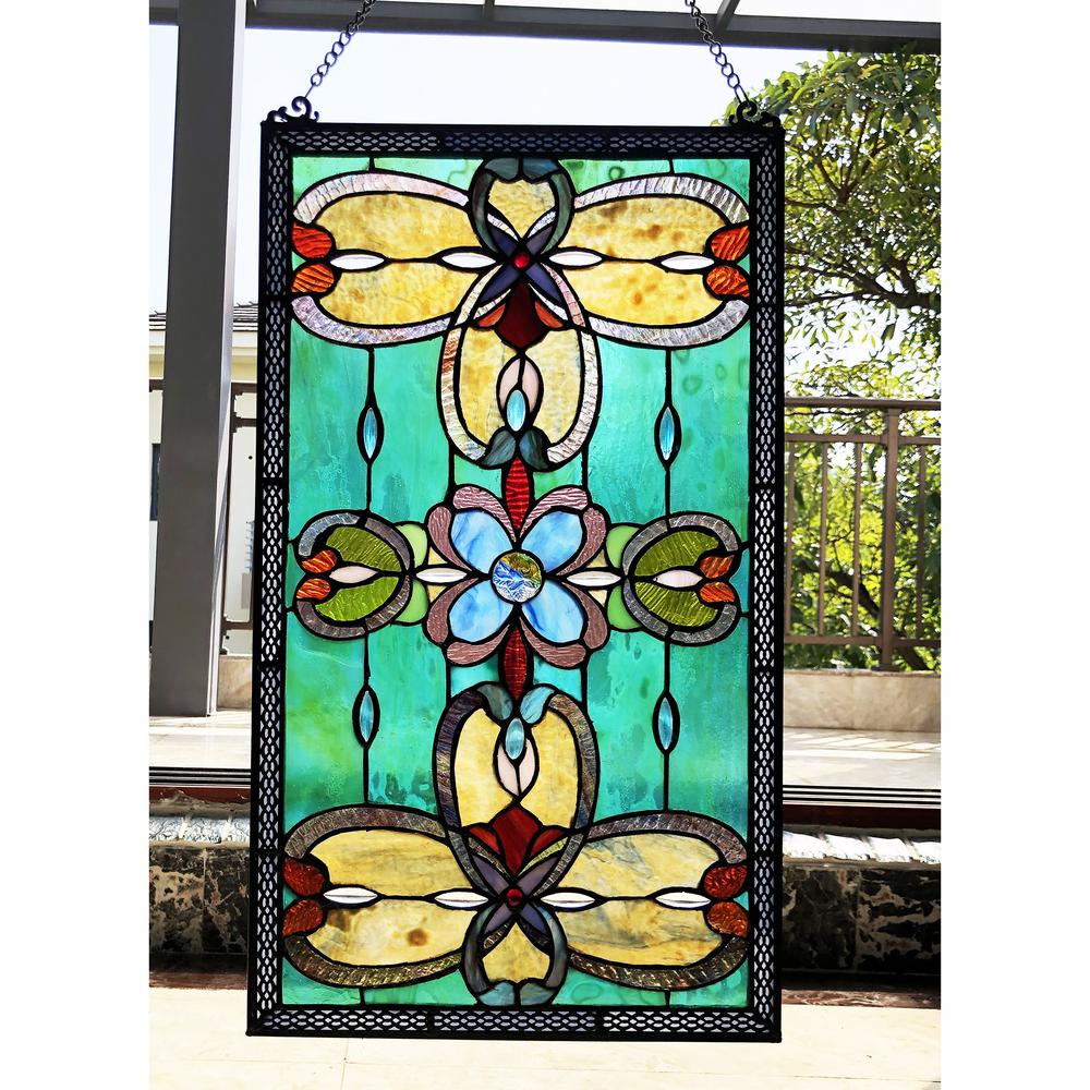 CHLOE Lighting JENICE Tiffany-Style Victorian Stained-Glass Window Panel 26" Height. Picture 3