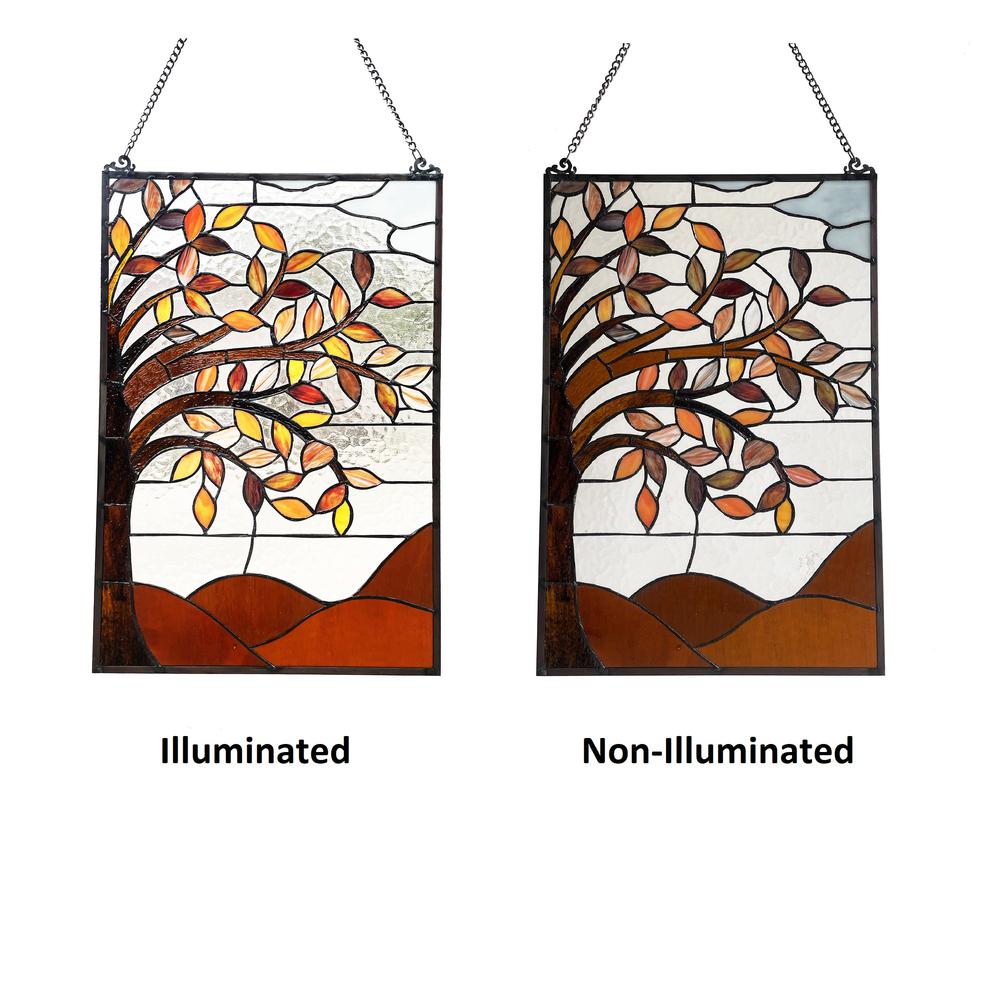 AUTUMNAL Floral-Style Black Finish Stained Glass Window Panel  24" Tall. Picture 1