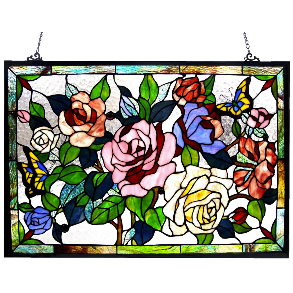 Tiffany-glass featuring Roses & Butterflies Window Panel 27x19. Picture 1