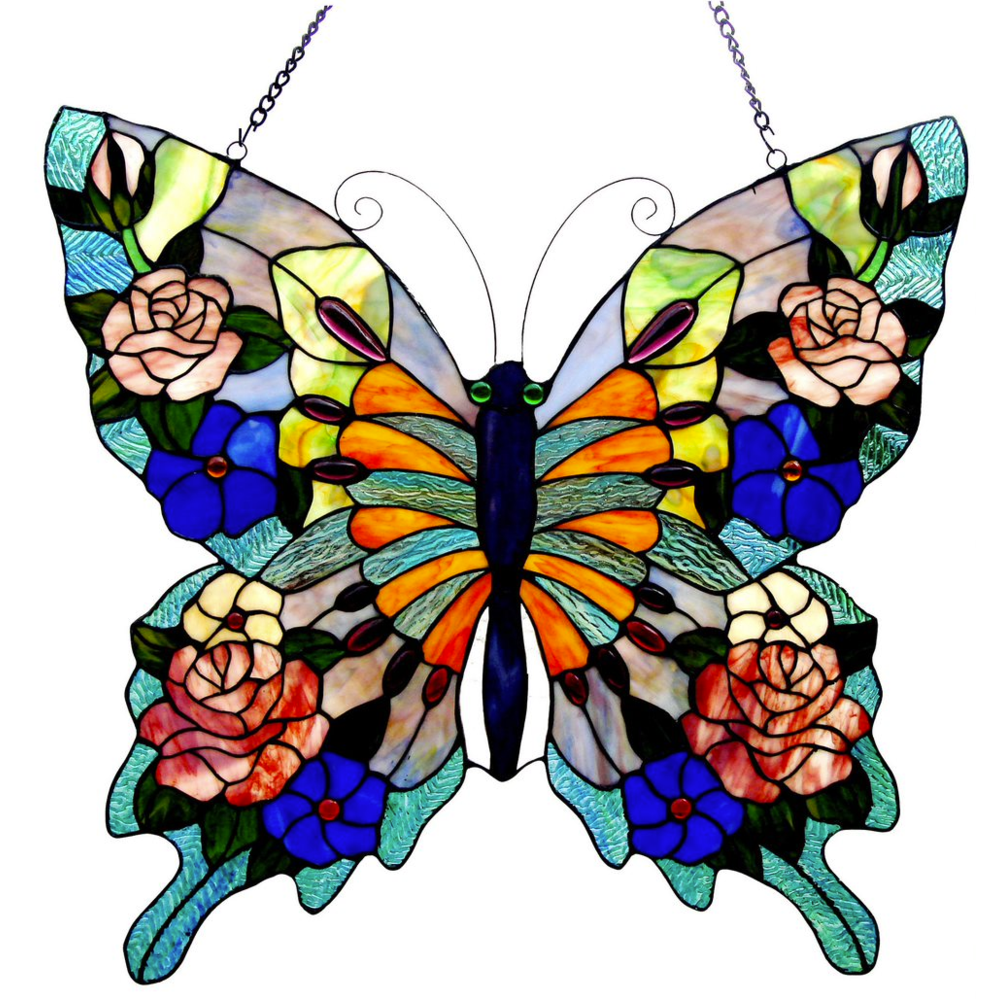 CHLOE Lighting Tiffany-glass Butterfly Window Panel 22.5x24. Picture 1