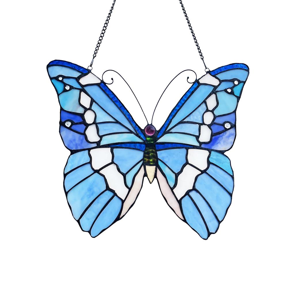 CHLOE Lighting SILVER-STUDDED Butterfly-Style Stained Glass Window Panel 14" Wide. Picture 1