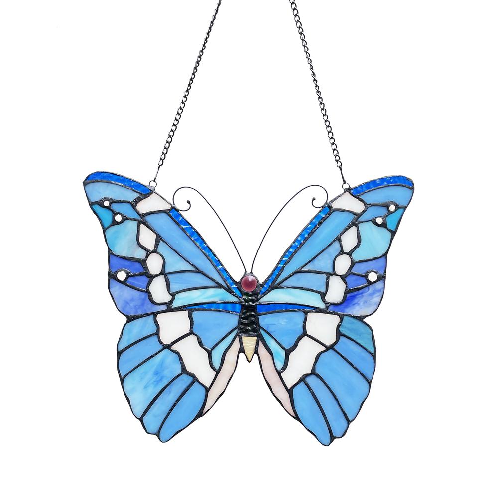 CHLOE Lighting SILVER-STUDDED Butterfly-Style Stained Glass Window Panel 14" Wide. Picture 2