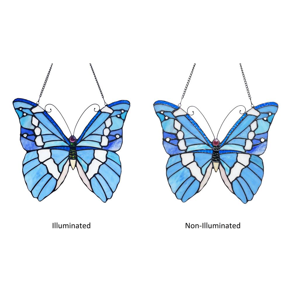 CHLOE Lighting SILVER-STUDDED Butterfly-Style Stained Glass Window Panel 14" Wide. Picture 3