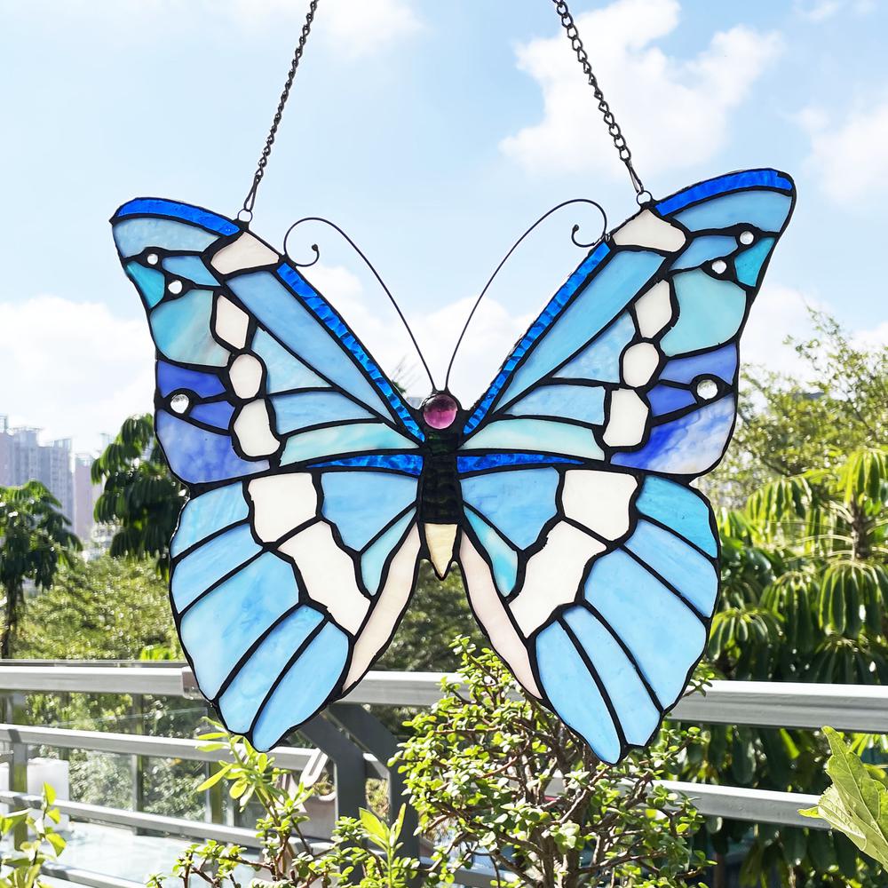 CHLOE Lighting SILVER-STUDDED Butterfly-Style Stained Glass Window Panel 14" Wide. Picture 4