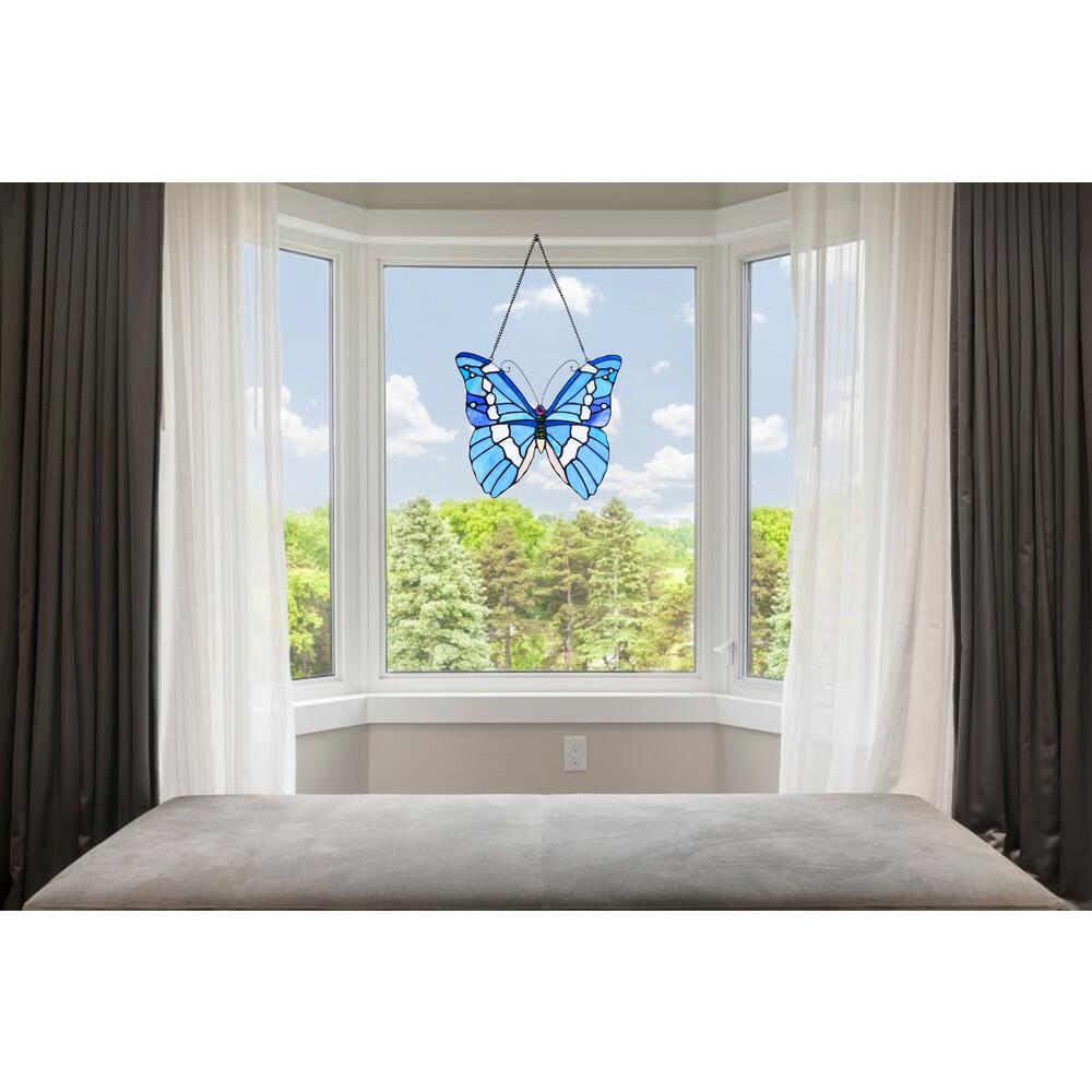 CHLOE Lighting SILVER-STUDDED Butterfly-Style Stained Glass Window Panel 14" Wide. Picture 5