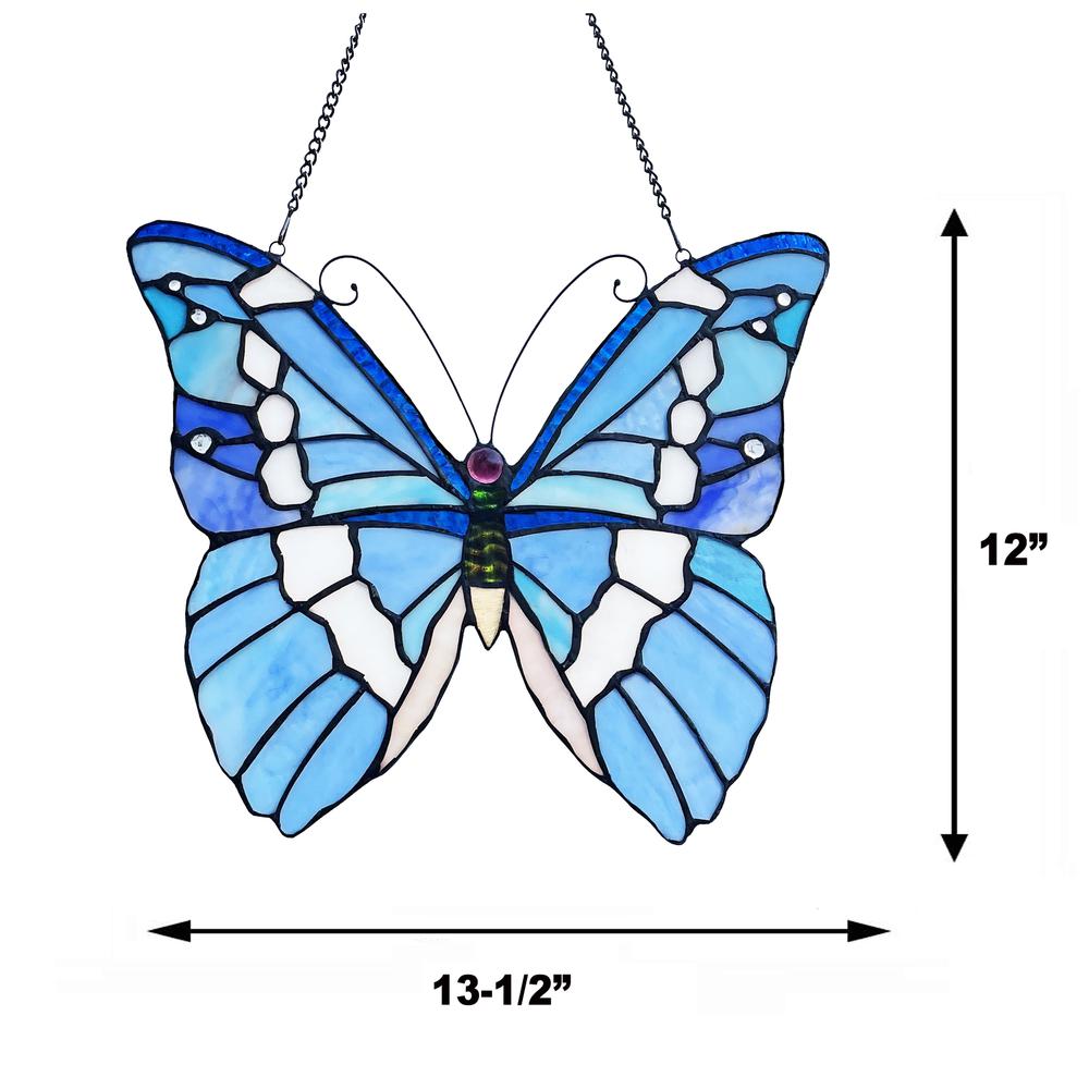 CHLOE Lighting SILVER-STUDDED Butterfly-Style Stained Glass Window Panel 14" Wide. Picture 6