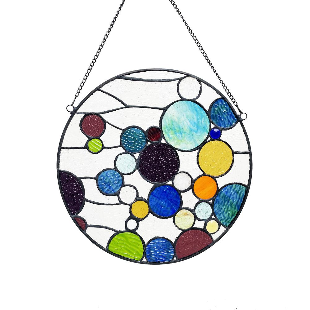 CHLOE Lighting BUBBLES Geometric-Style Stained Glass Window Panel 13" Wide. Picture 2
