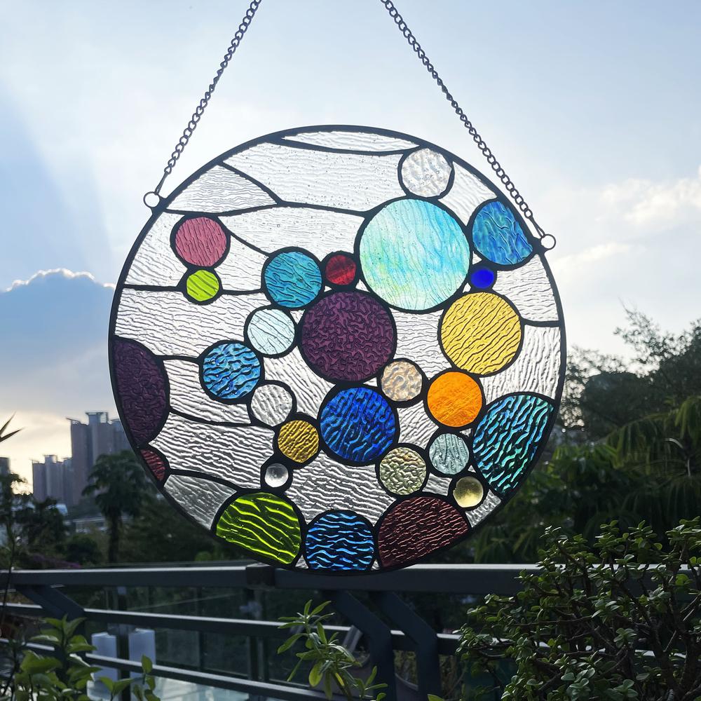CHLOE Lighting BUBBLES Geometric-Style Stained Glass Window Panel 13" Wide. Picture 4