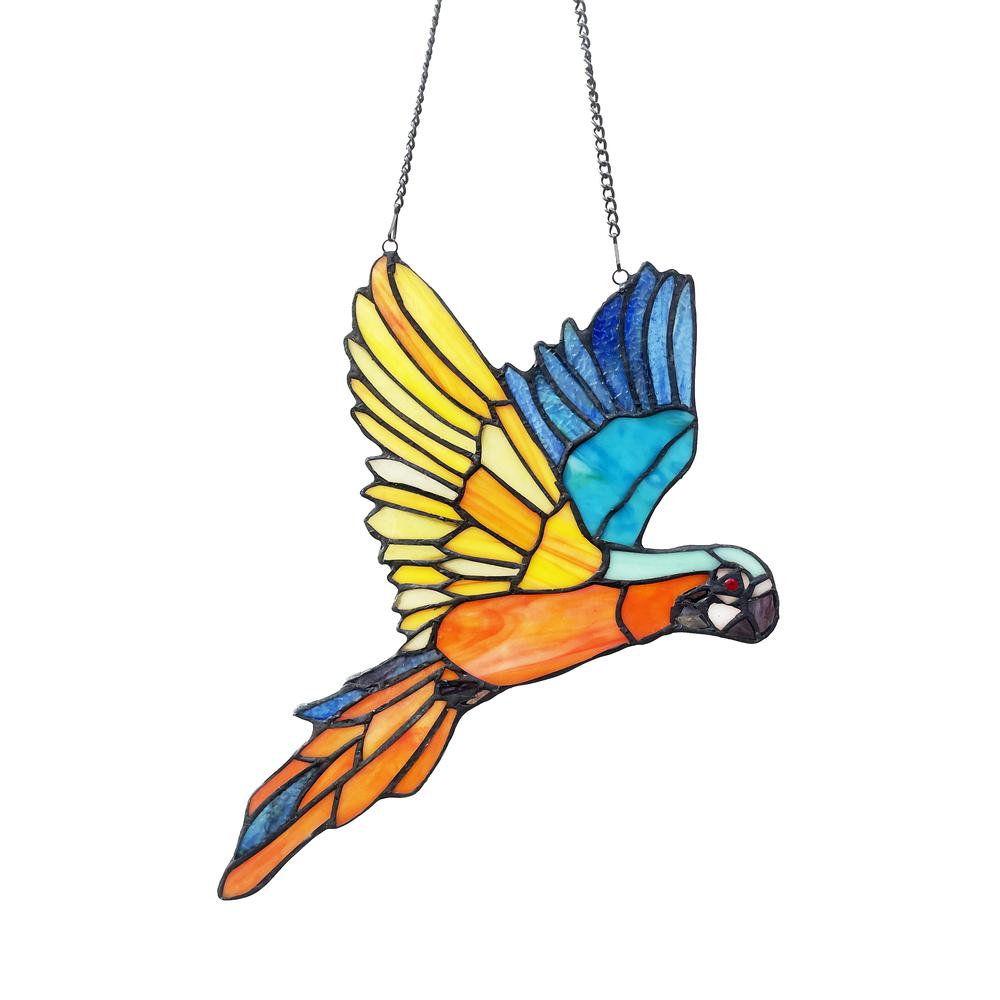 CHLOE Lighting MACAW Animal-Style Stained Glass Window Panel 14" Wide. Picture 2