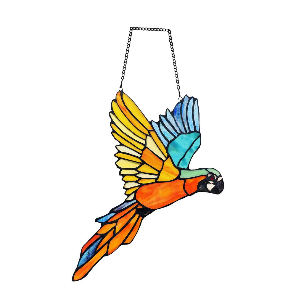 CHLOE Lighting MACAW Animal-Style Stained Glass Window Panel 14" Wide. Picture 3