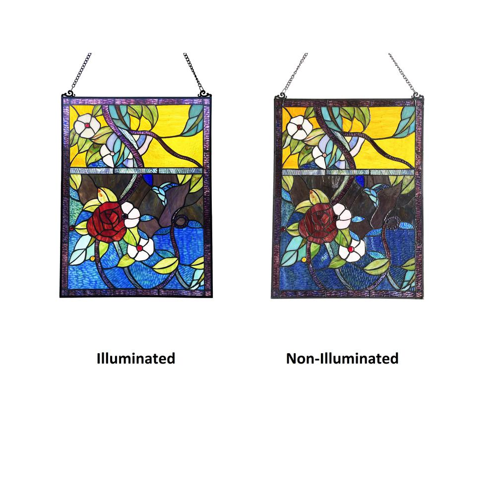Rose Floral-Style Black Finish Stained Glass Window Panel 24" Tall. Picture 5