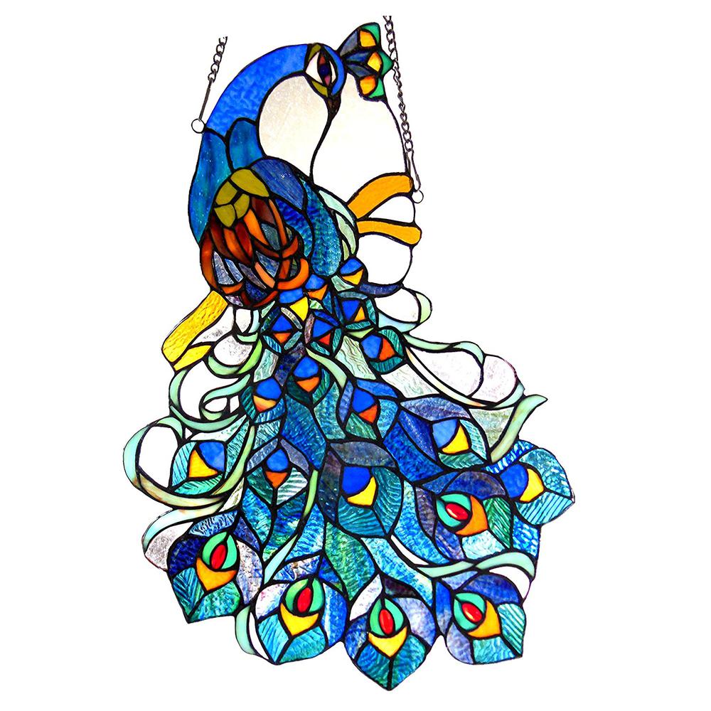 GLORY Tiffany-glass Peacock Window Panel 25" Tall. Picture 1