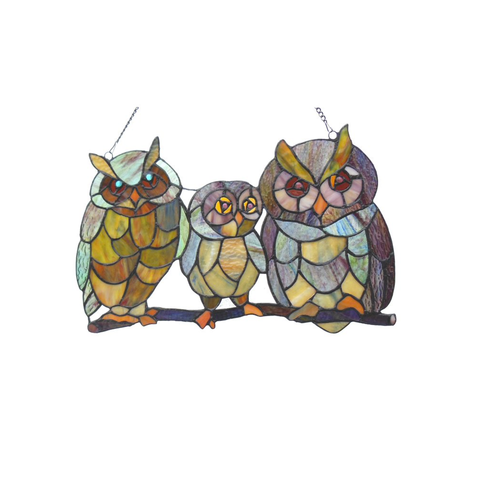 OLLIE Tiffany-glass Owls Family Window Panel 11x17. Picture 1
