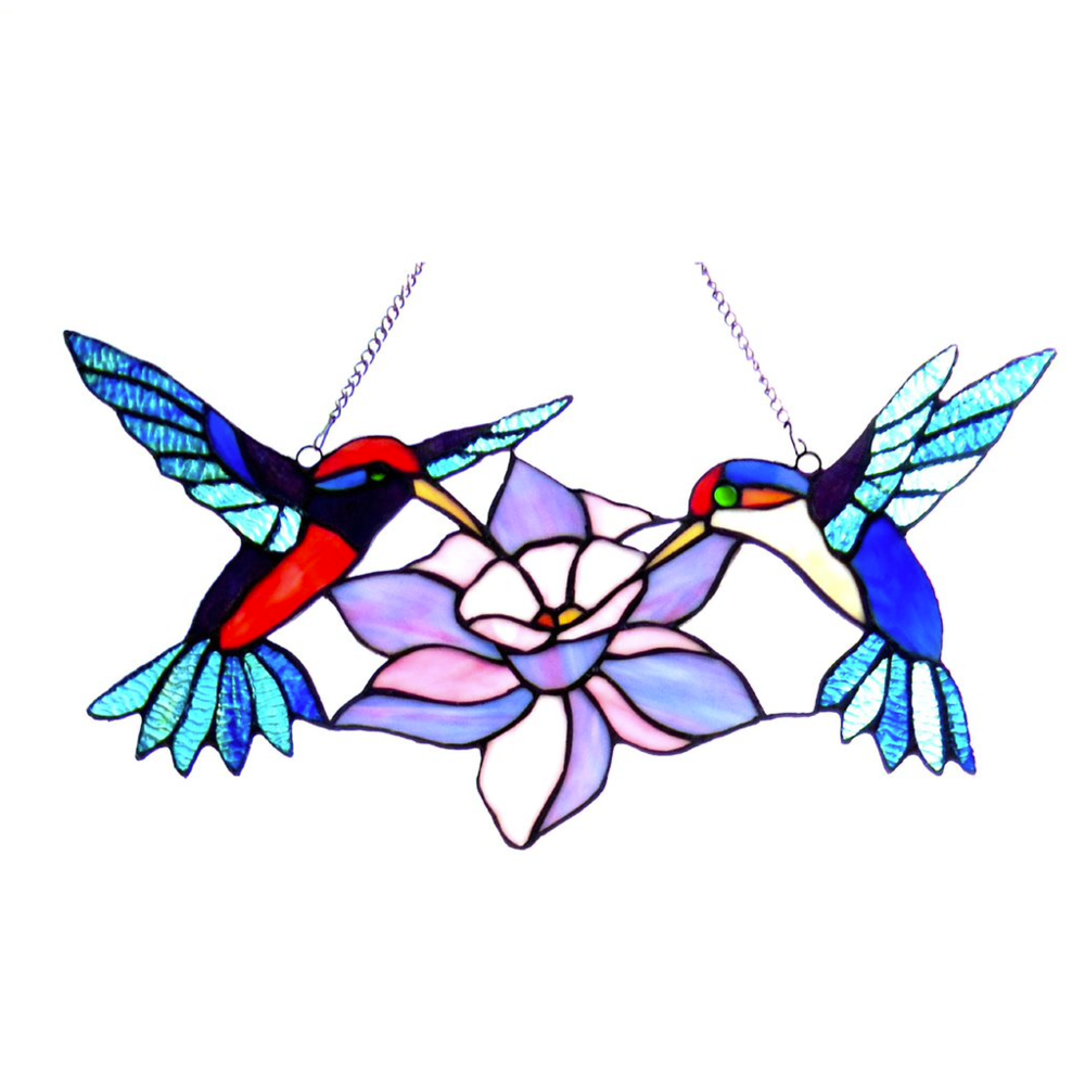 NECTAR Tiffany-glass Hummingbirds Window Panel 18" Wide. Picture 1