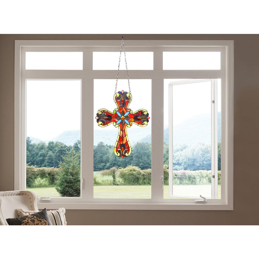 CHLOE Lighting ADELA Victorian Tiffany-style Stained Glass Window Panel 20" Tall. Picture 4