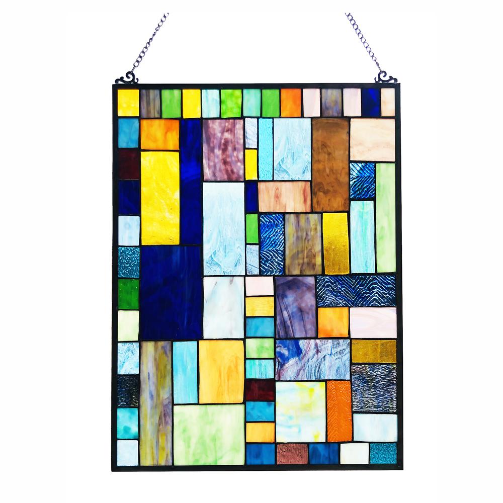 CHLOE Lighting YVONNE Tiffany-Style Geometric Stained Glass Window Panel 24" Height. Picture 1