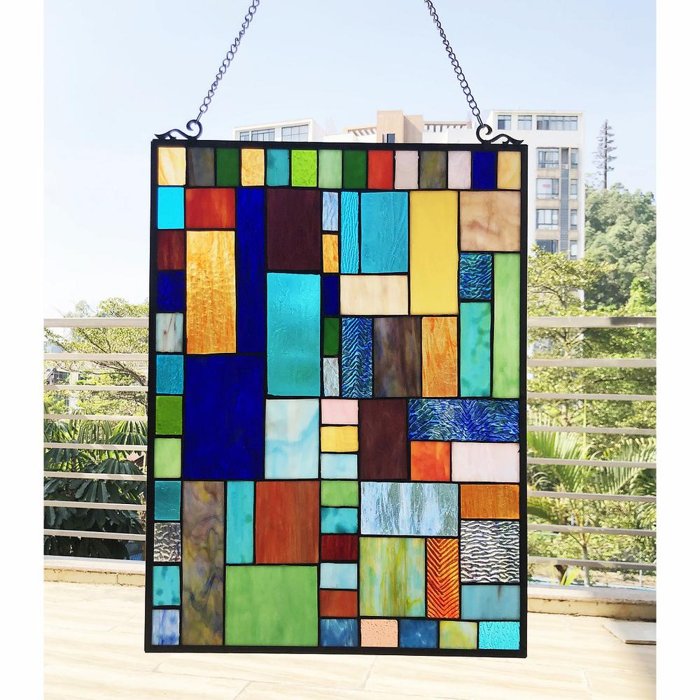 CHLOE Lighting YVONNE Tiffany-Style Geometric Stained Glass Window Panel 24" Height. Picture 3