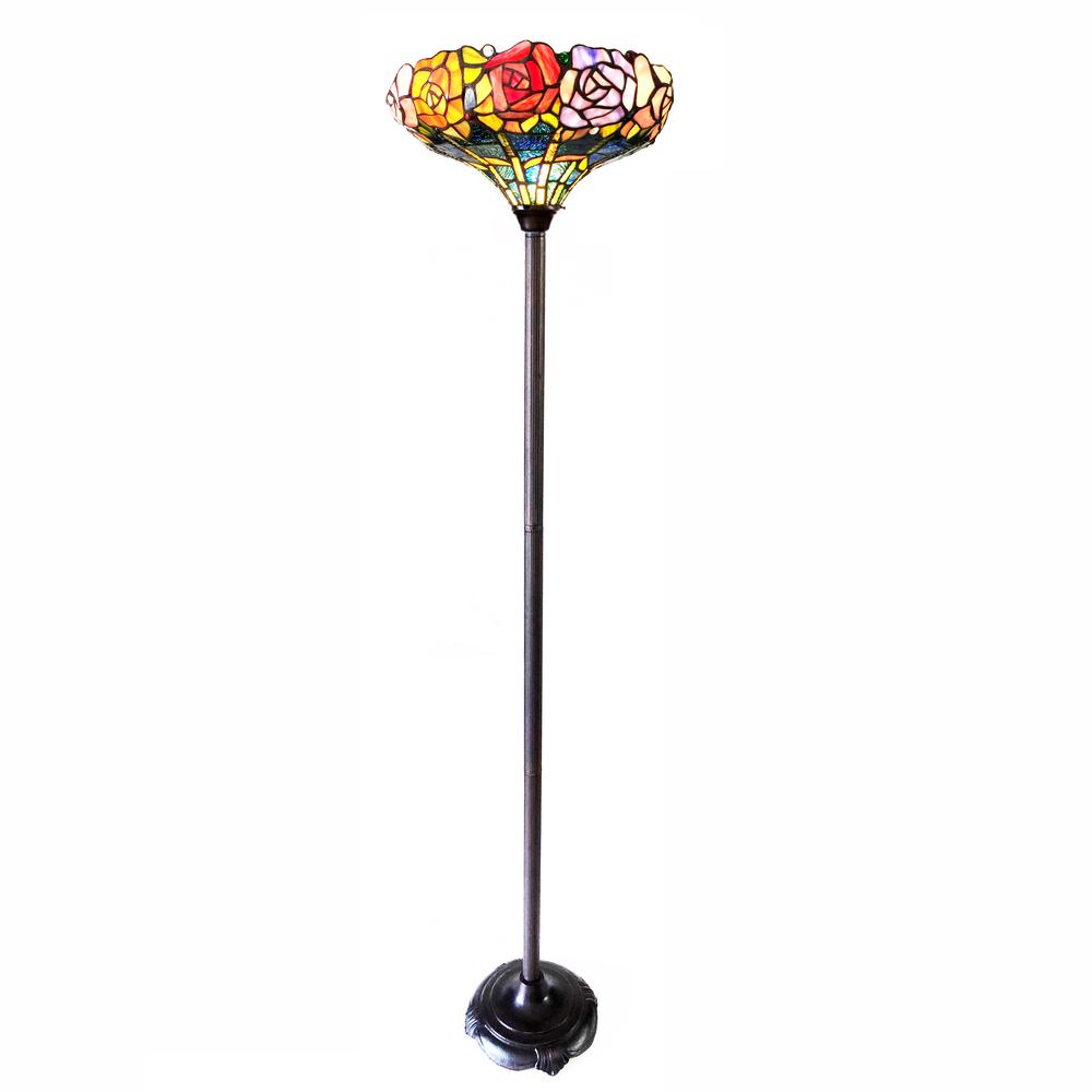 CHLOE Lighting AZALEA Tiffany-Style Floral Stained Glass Torchiere Floor Lamp 67" Height. Picture 1