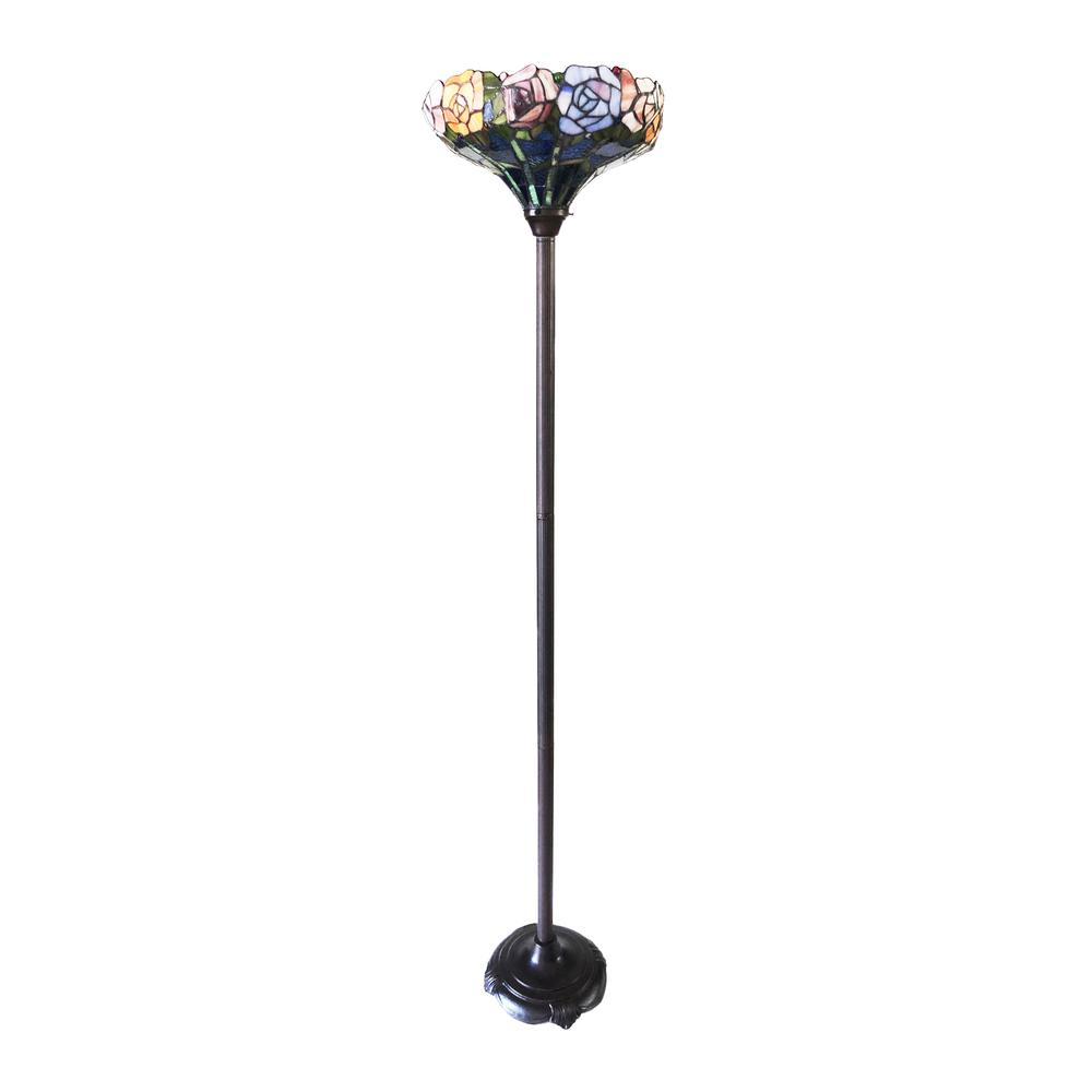 CHLOE Lighting AZALEA Tiffany-Style Floral Stained Glass Torchiere Floor Lamp 67" Height. Picture 2