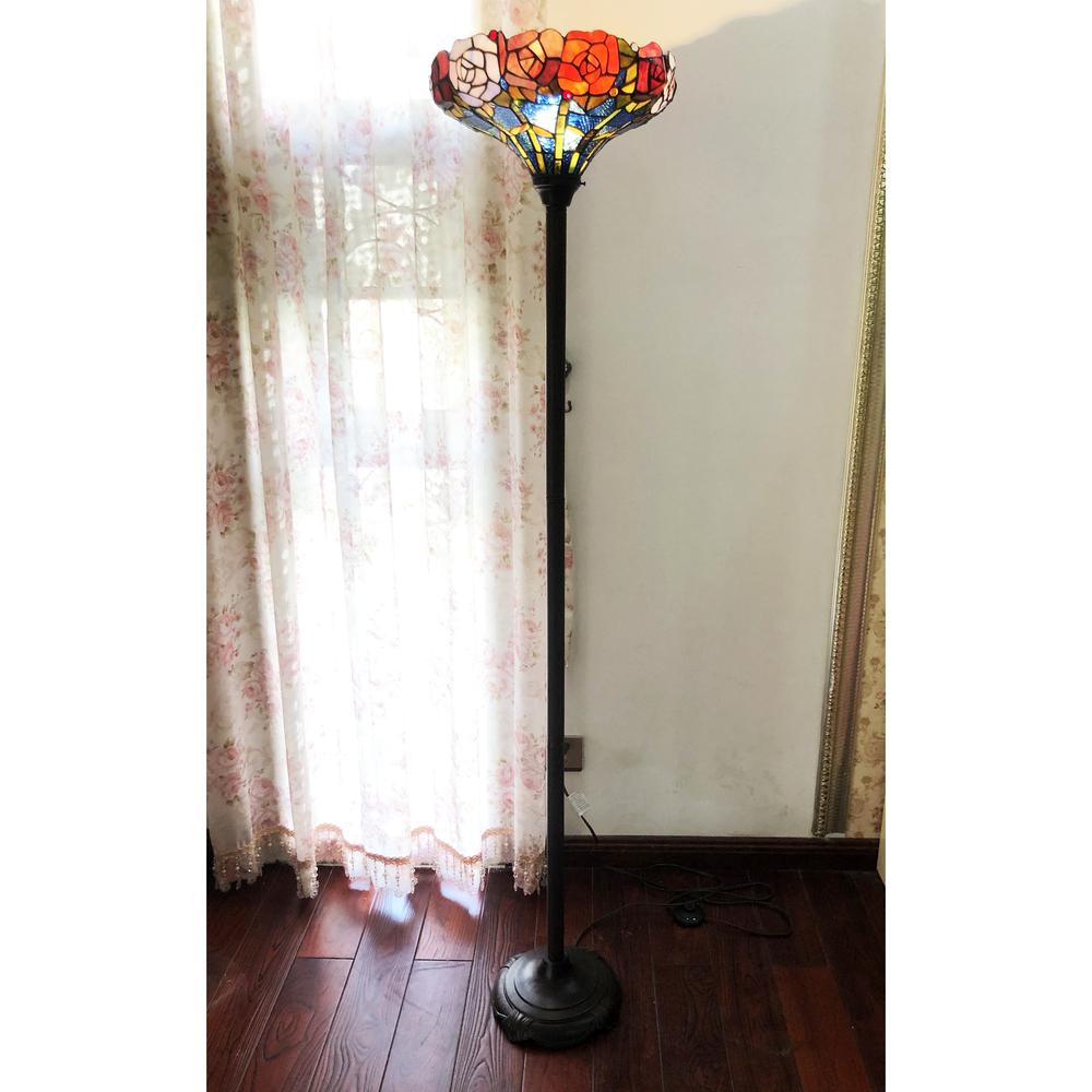CHLOE Lighting AZALEA Tiffany-Style Floral Stained Glass Torchiere Floor Lamp 67" Height. Picture 3