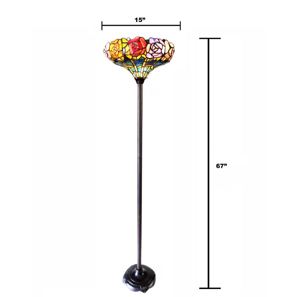 CHLOE Lighting AZALEA Tiffany-Style Floral Stained Glass Torchiere Floor Lamp 67" Height. Picture 4