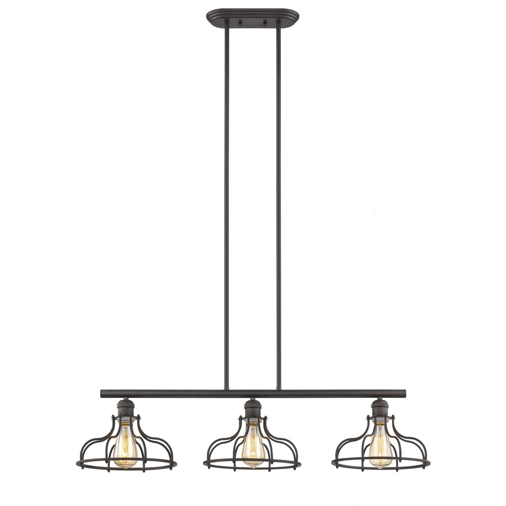 JAXON Industrial-style 3 Light Rubbed Bronze Island Hanging Fixture 37" Wide. Picture 1