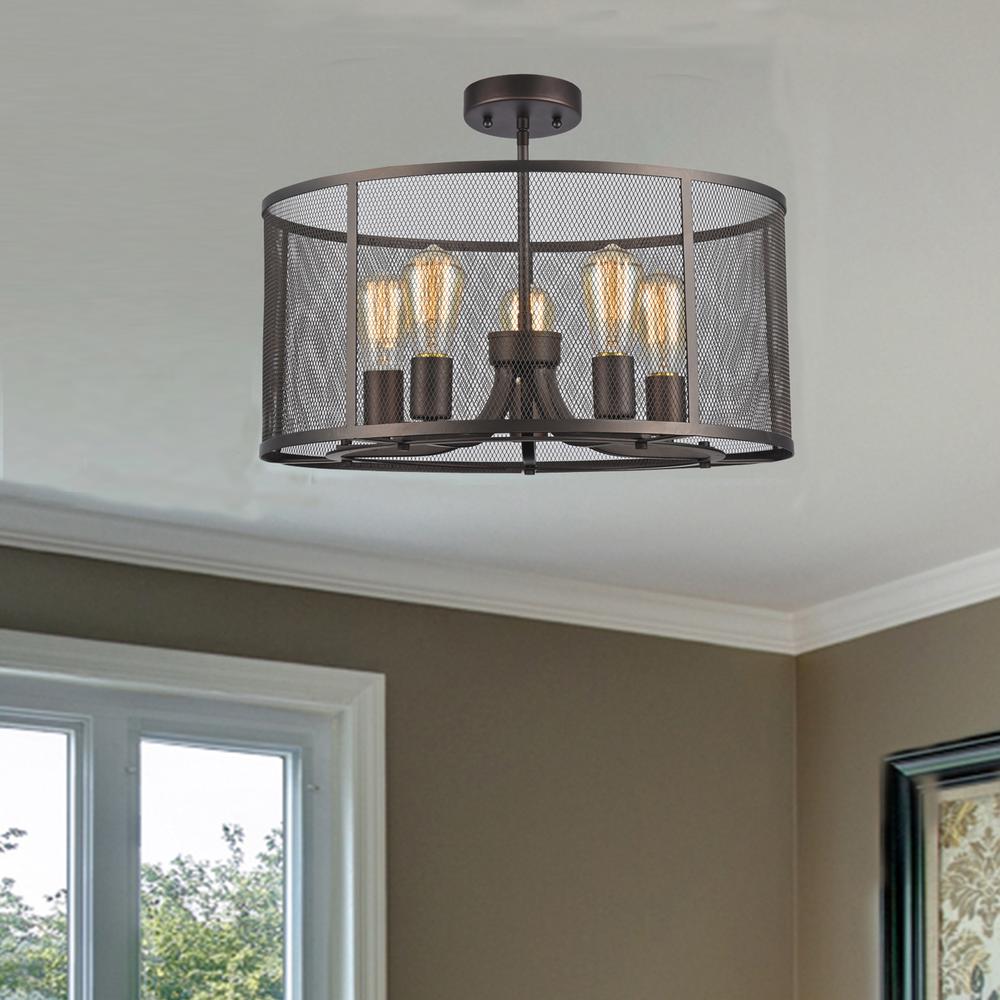 CHLOE Lighting LORRY Industrial 5 Light Rubbed Bronze Semi-flush 20" Wide. Picture 2