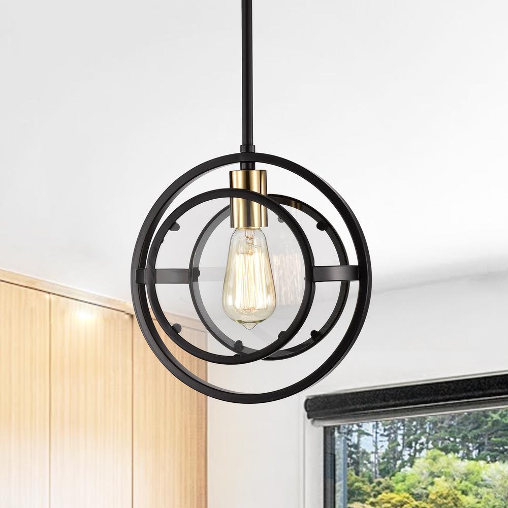 CHLOE Lighting CHRISTINE Transitional 1 Light Black and Burnished Brass Mini Pendant Ceiling Fixture 10" Wide. Picture 9