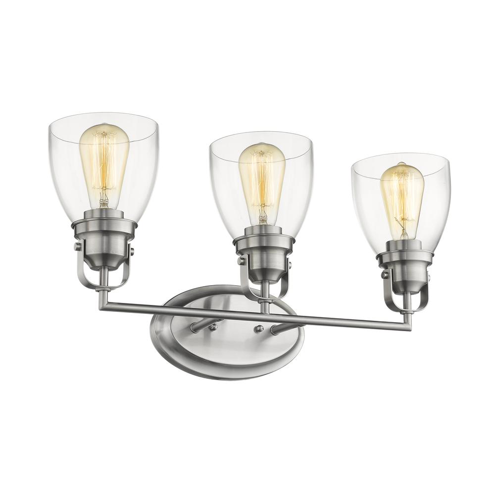 LILY Contemporary 3 Light Brushed Nickel Bath Vanity Light Clear Glass 23" Wide. Picture 1