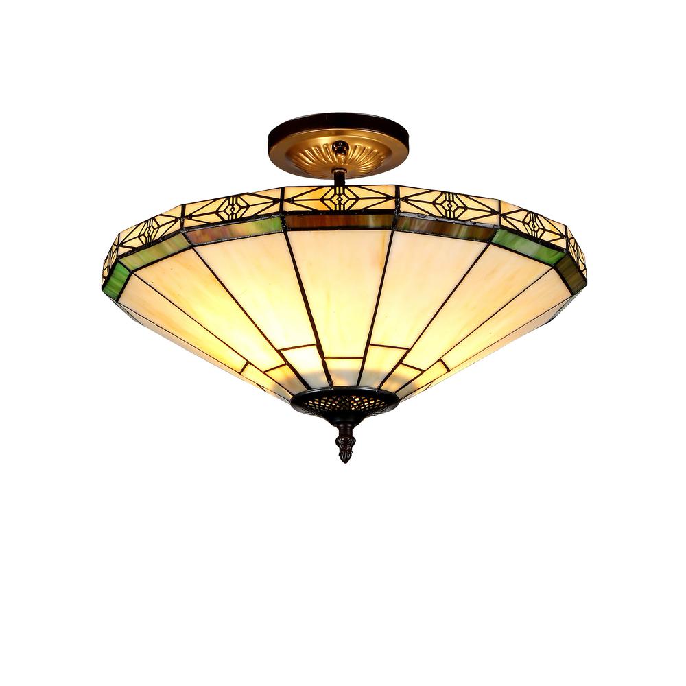 BELLE Tiffany-style 2 Light Mission Semi-flush Ceiling Fixture 16" Shade. Picture 1