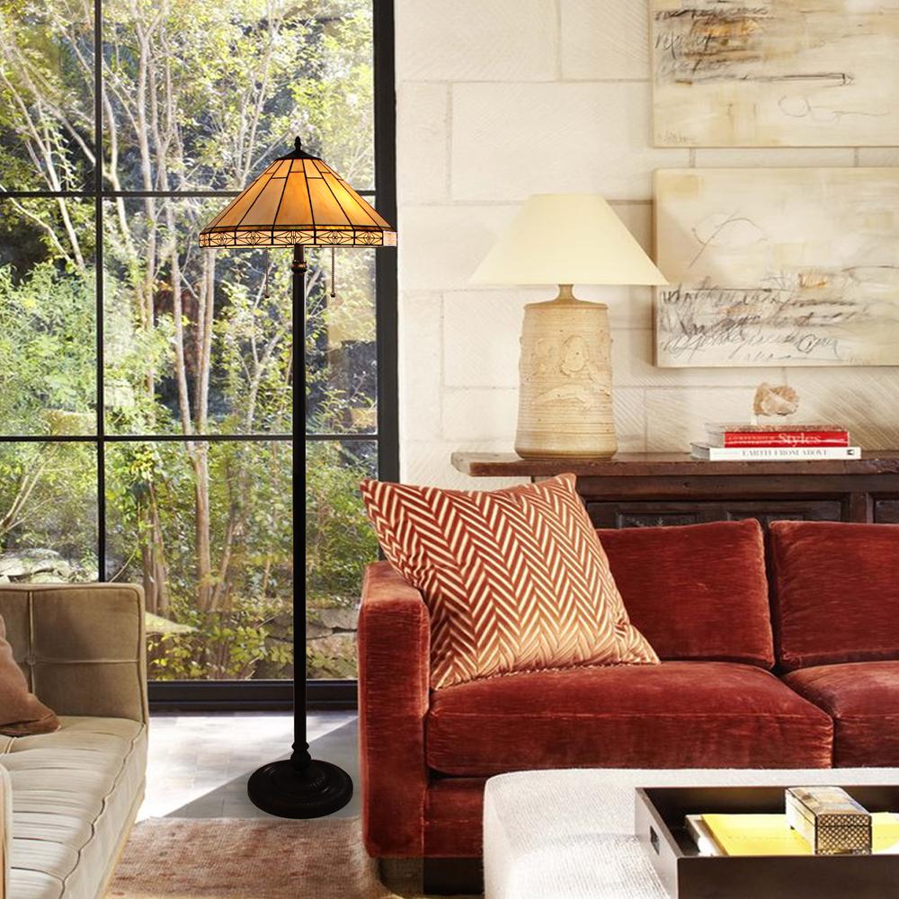 CHLOE Lighting BELLE Mission Tiffany-style Blackish Bronze 2 Light Floor Lamp 18" Wide. Picture 7