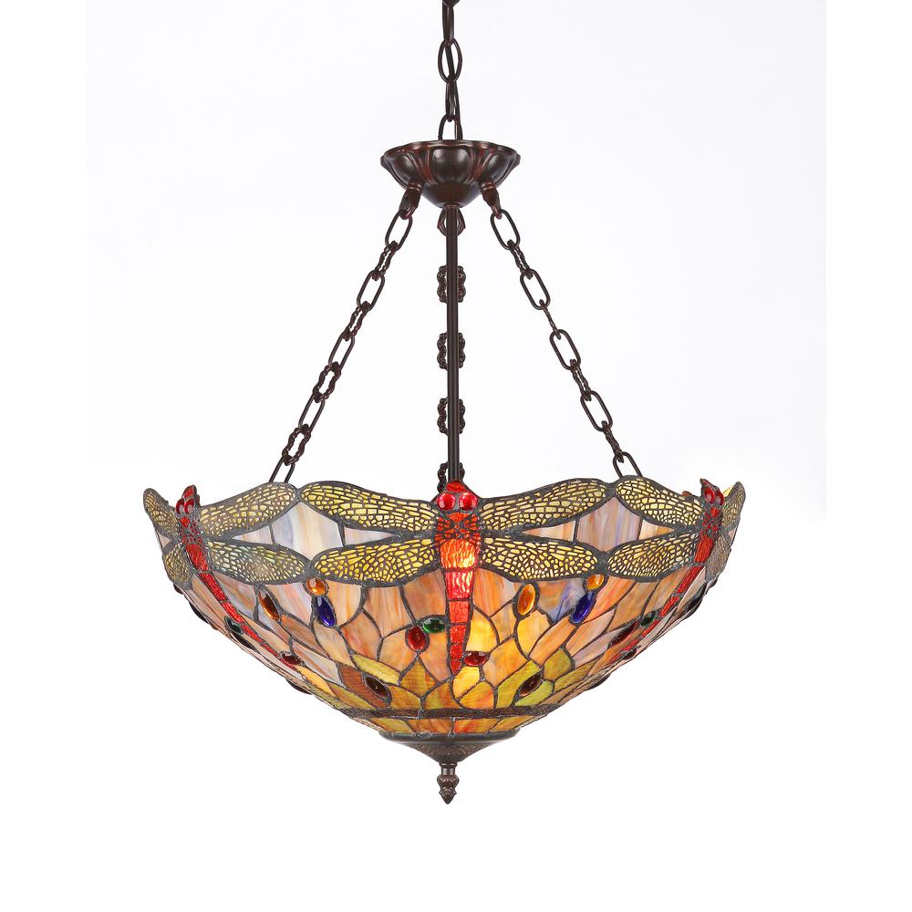 ANISOPTERA PURITY Tiffany-style 3 Light Dragonfly Inverted Ceiling Pendant Fixture 18" Shade. Picture 1