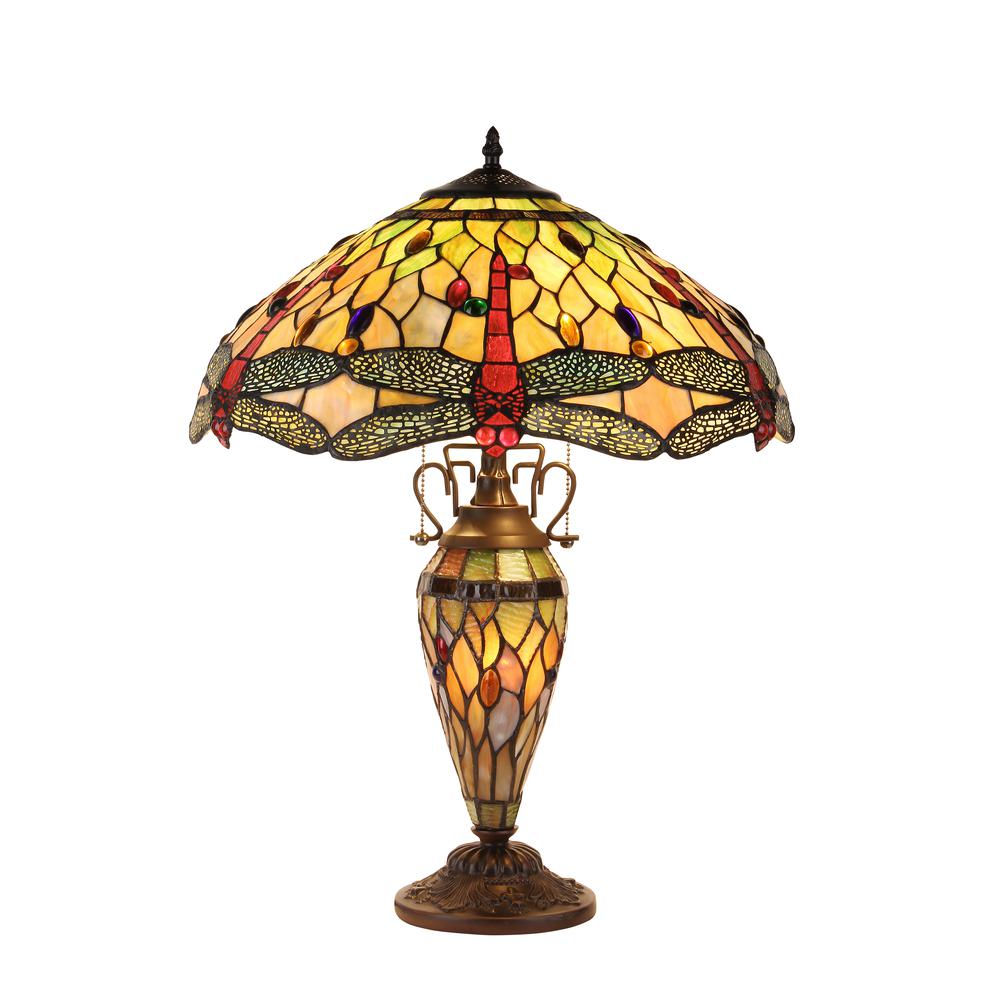 ANISOPTERA PURITY Tiffany-style Dragonfly 3 Light Double Lit Table Lamp 19" Shade. Picture 1