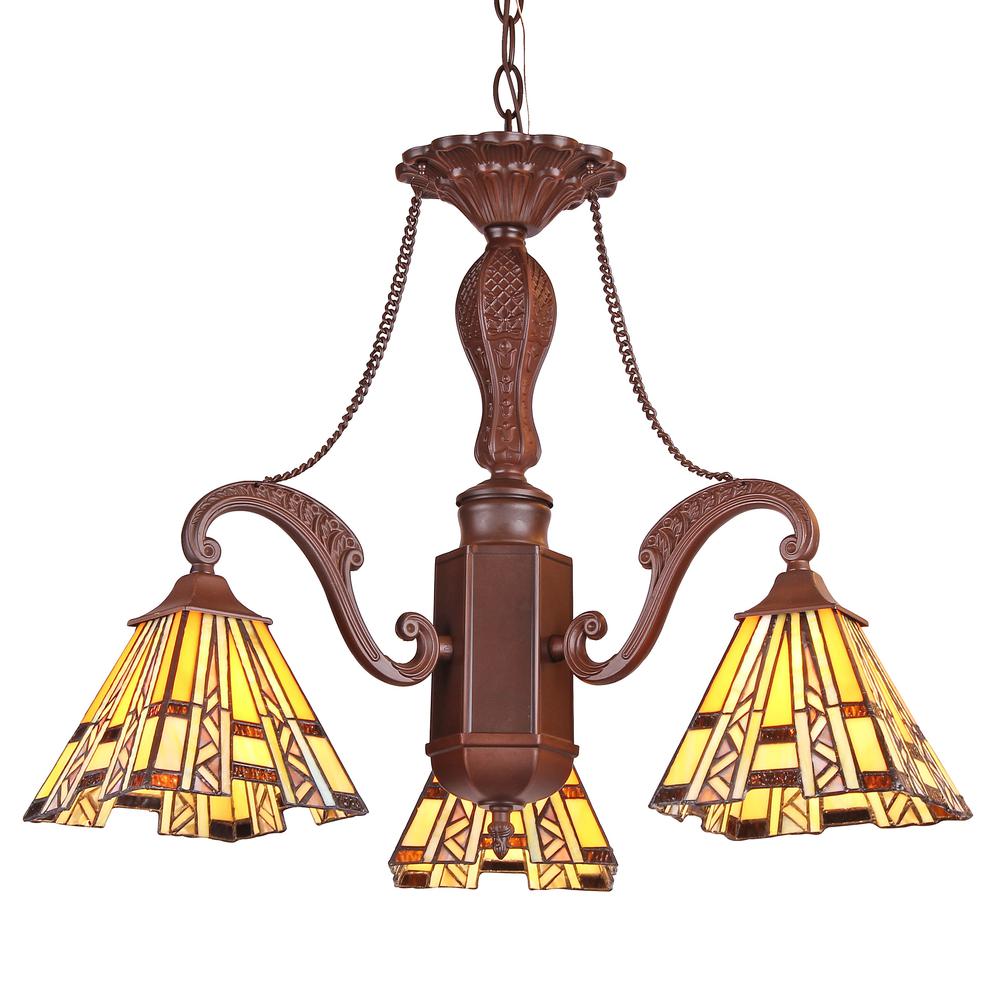 PROGRESSIVE Tiffany-style Mission 3 Light Mini Chandelier 22" Wide. Picture 1