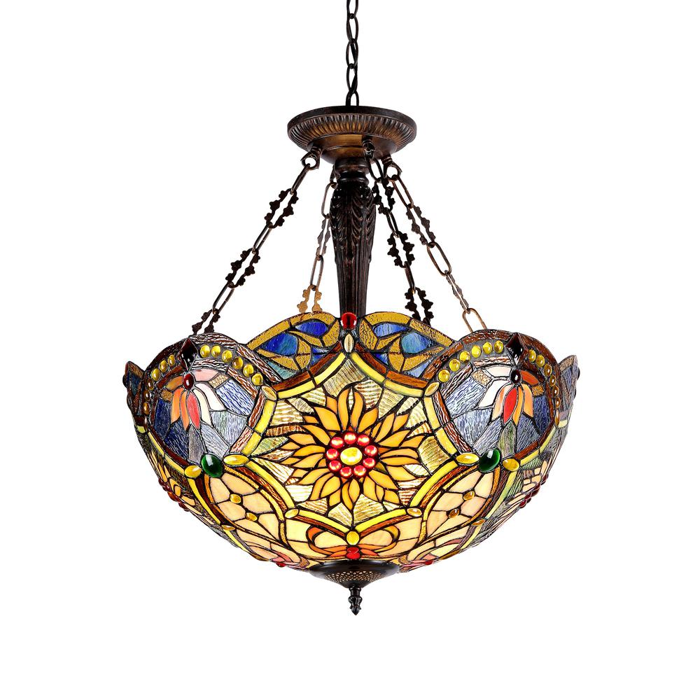 REBECCA Tiffany-style 3 Light Victorian Inverted Ceiling Pendant 21" Shade. Picture 1