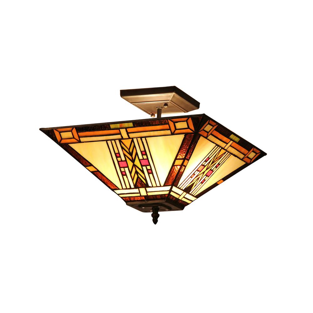 GODE Tiffany-style 2 Light Mission Semi-flush Ceiling Fixture 14" Shade. Picture 1