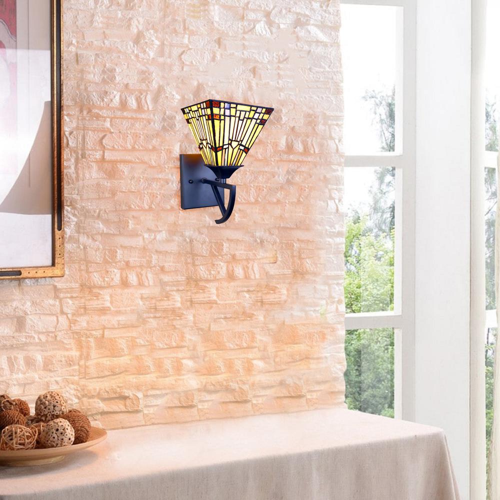 CHLOE Lighting KINSEY Mission Tiffany-style Blackish Bronze 1 Light Wall Sconce 6" Wide. Picture 6