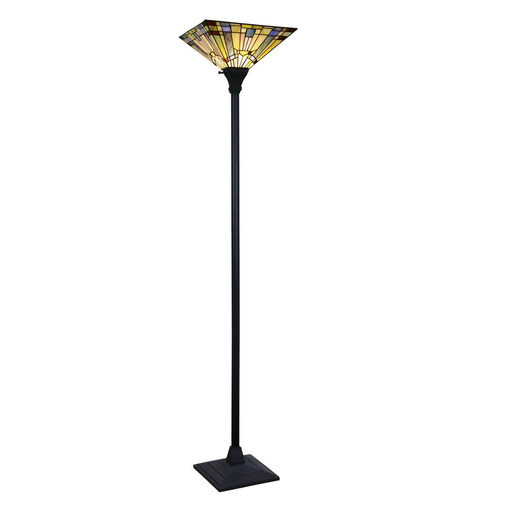 CHLOE Lighting KINSEY Tiffany-Style Blackish Bronze 1-Light Mission Torchiere Floor Lamp 14" Shade. Picture 1