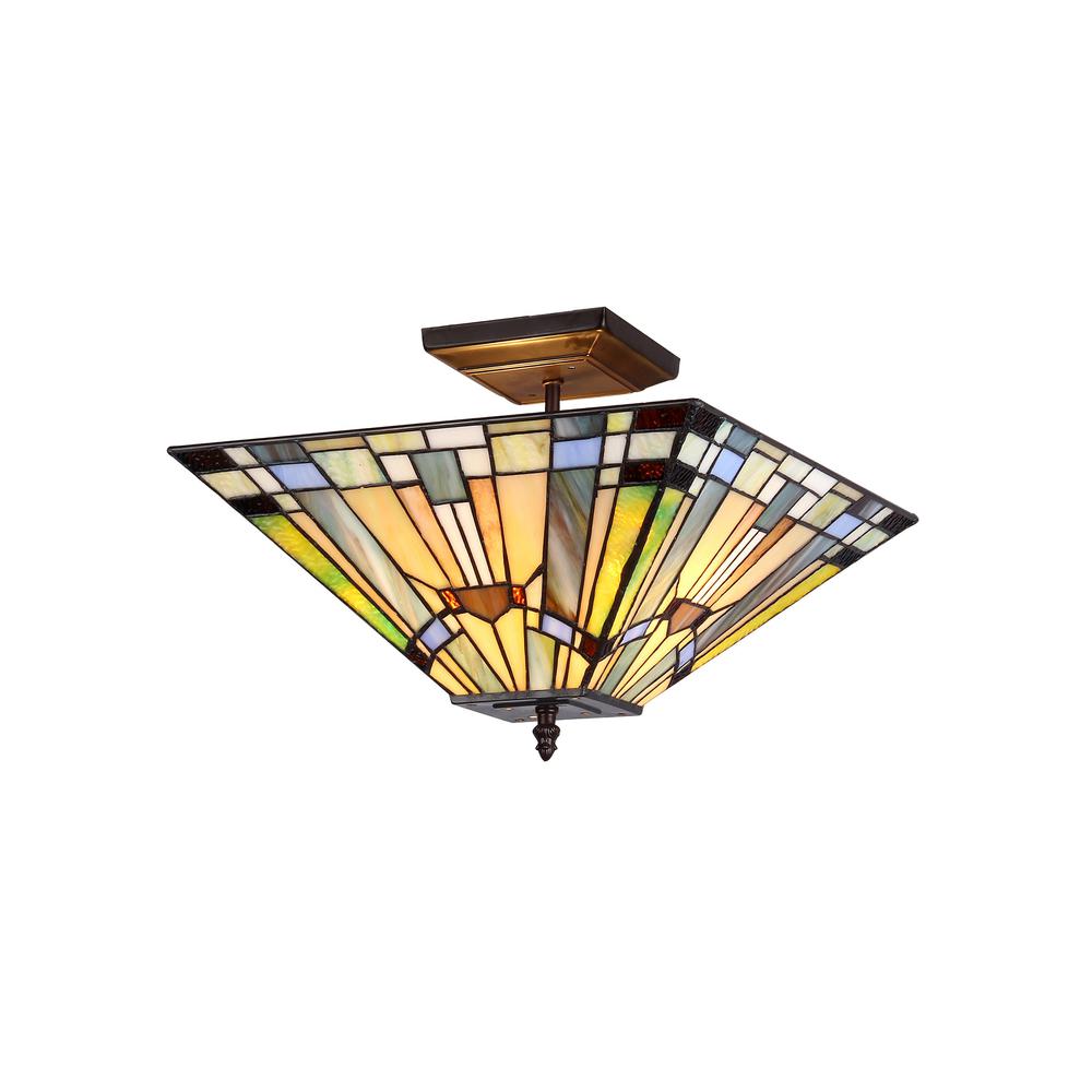 KINSEY Tiffany-style 2 Light Mission Semi-flush Ceiling Fixture 14" Shade. Picture 1