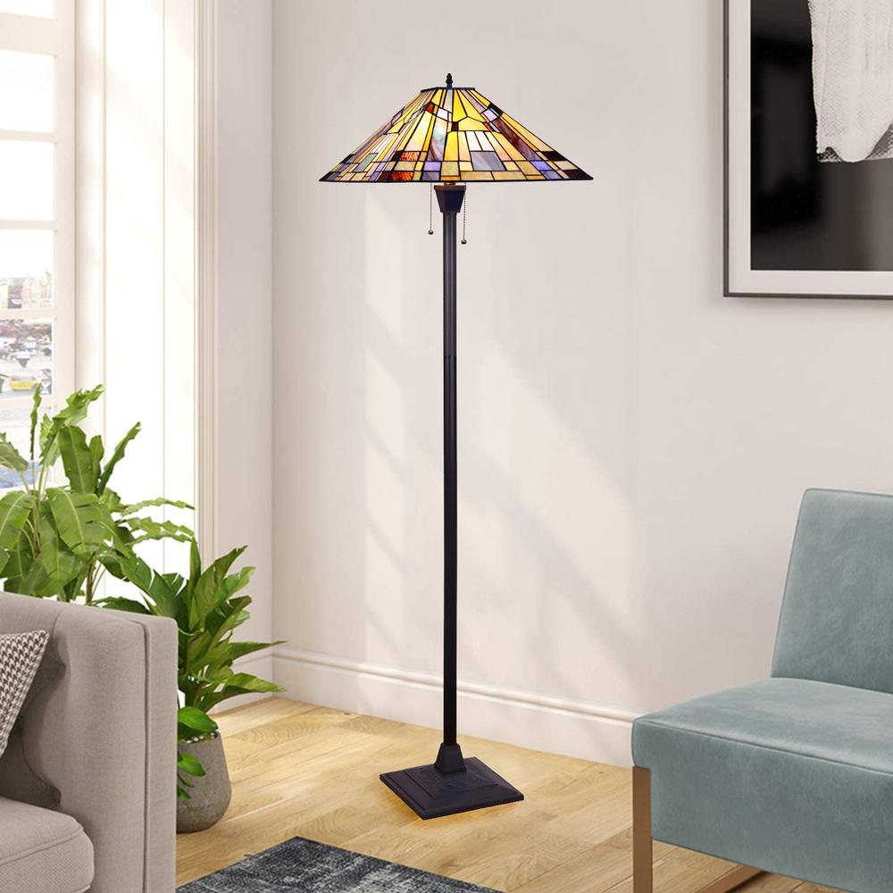 CHLOE Lighting KINSEY Tiffany-Style Blackish Bronze 2-Light Mission Floor Lamp 18" Shade. Picture 6